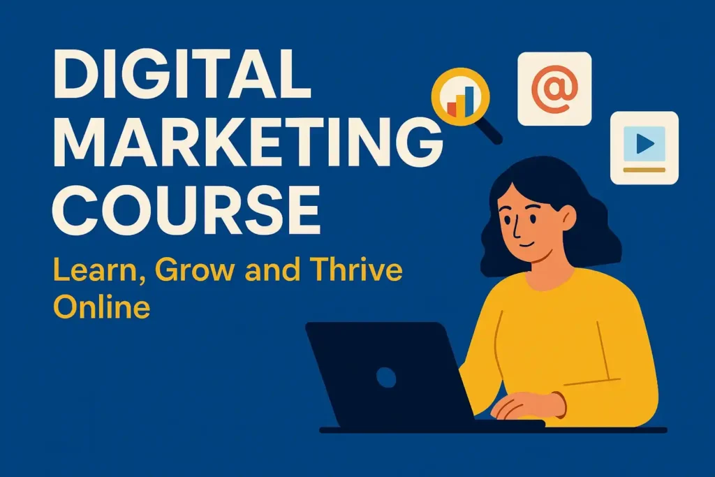 Digital marketing course promotional banner featuring a woman using a laptop with online marketing icons.