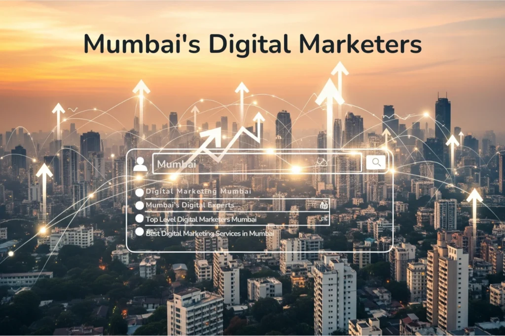Mumbai's Digital Marketing A vibrant panoramic view of the Mumbai skyline at dusk, with digital marketing elements like data lines, a social media feed overlay, and growth arrows, emphasizing the city's digital activity and growth.