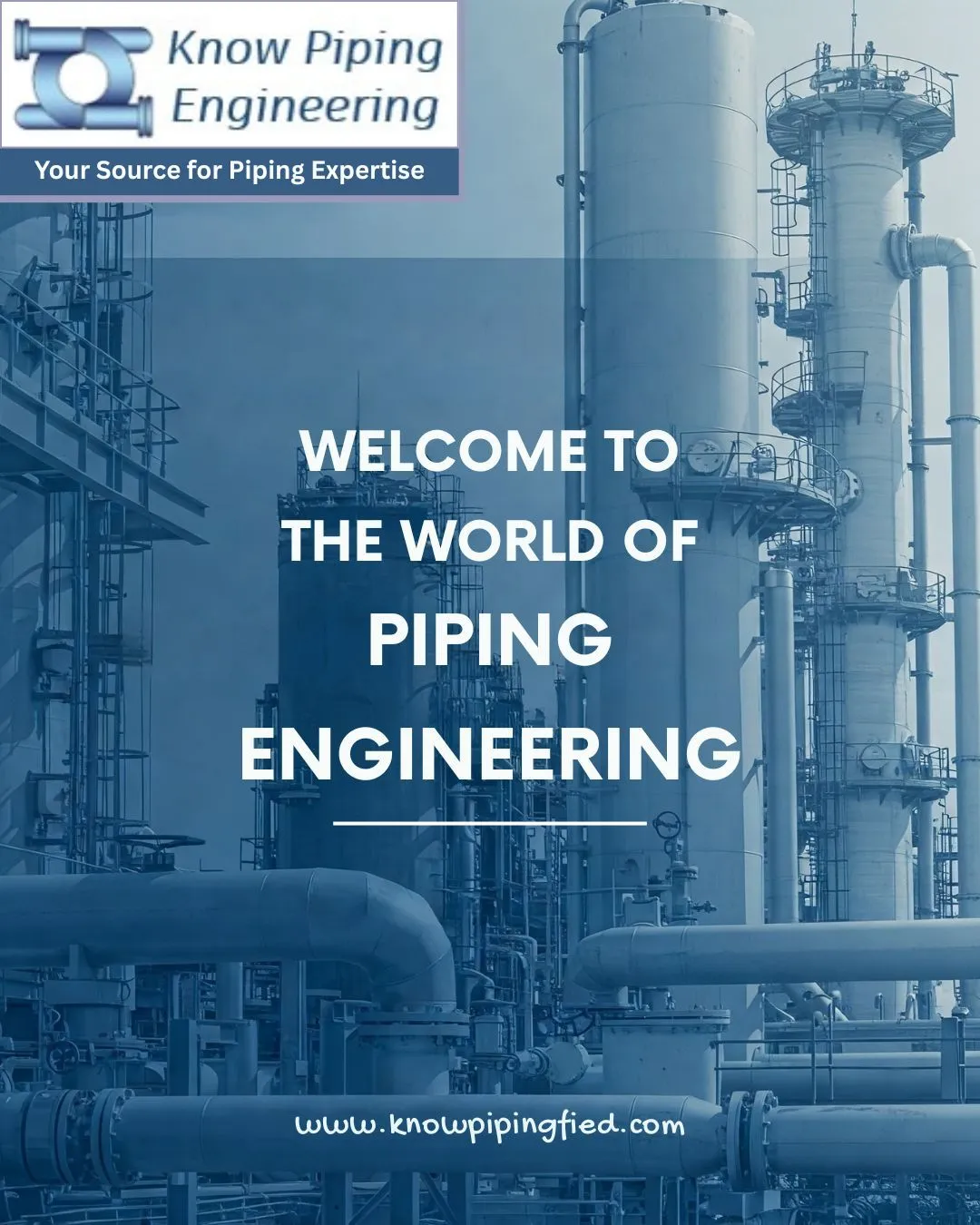 A large-scale industrial or chemical plant with tall towers and extensive piping, with the text "WELCOME TO THE WORLD OF PIPING ENGINEERING" and "Know Piping Engineering: Your Source for Piping Expertise" overlayed. The website "www.knowpipingfied.com" is at the bottom.