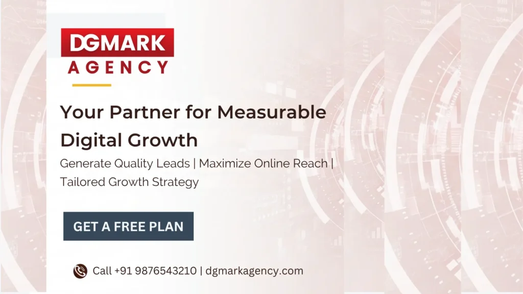 Digital marketing agency ad for DGMark Agency, highlighting measurable growth, lead generation, online reach, and tailored strategy, with a "Get a Free Plan" button and contact information.