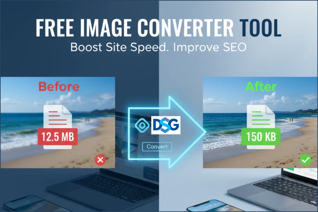 Digital Smart Guide Image Converter tool comparison showing 12.5MB image reduced to 150KB for better SEO.