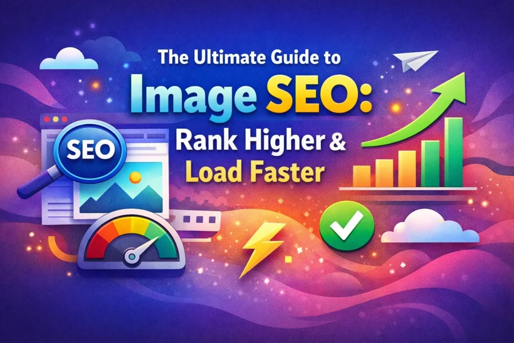 Illustration showing image SEO concepts like faster load speed, higher Google rankings, and optimized visuals