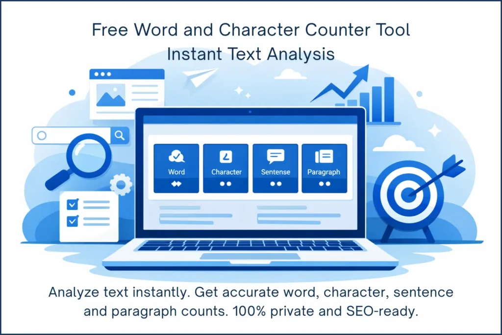 Professional dashboard of the Digital Smart Guide Word and Character Counter Tool showing real-time text analysis for SEO.