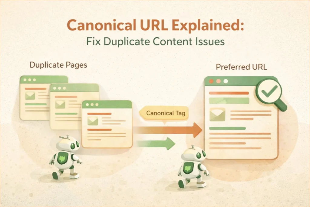 Canonical URL explained showing duplicate pages pointing to one preferred URL for SEO