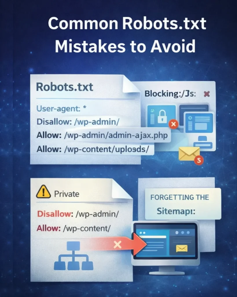 Common robots.txt mistakes in WordPress such as blocking CSS, JavaScript, admin files and forgetting the XML sitemap