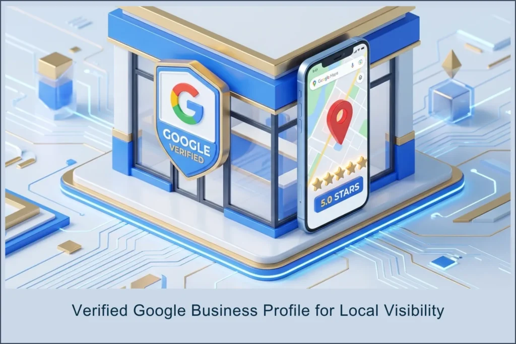 Verified Google Business Profile for Local Visibility. A 3D isometric illustration of a local business storefront with a Google Verified shield and a smartphone showing a map location and five-star reviews.