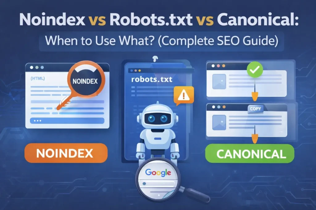Noindex vs Robots.txt vs Canonical tags explained for SEO crawling, indexing, and duplicate content control