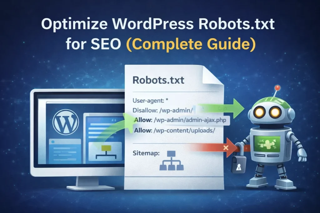 Illustration showing how to optimize WordPress robots.txt file for SEO, crawl budget management and search engine indexing