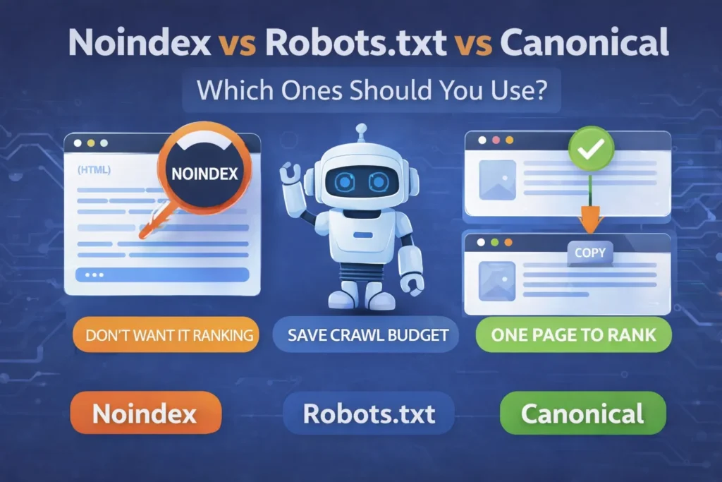 Illustration showing how noindex hides pages, robots.txt controls crawling, and canonical selects the main page for ranking