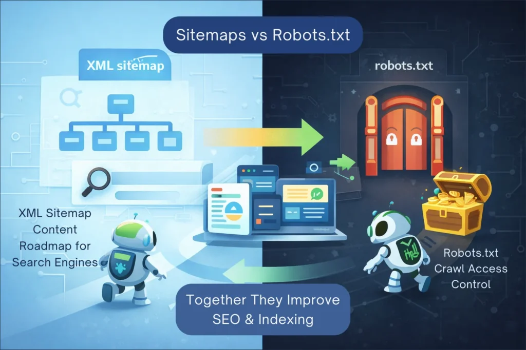 Visual comparison of XML Sitemap as a roadmap and Robots.txt as a gate controlling search engine crawling and indexing for SEO