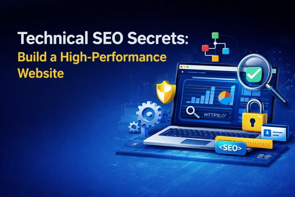 Technical SEO concepts showing website speed, security, mobile optimization, and search engine performance