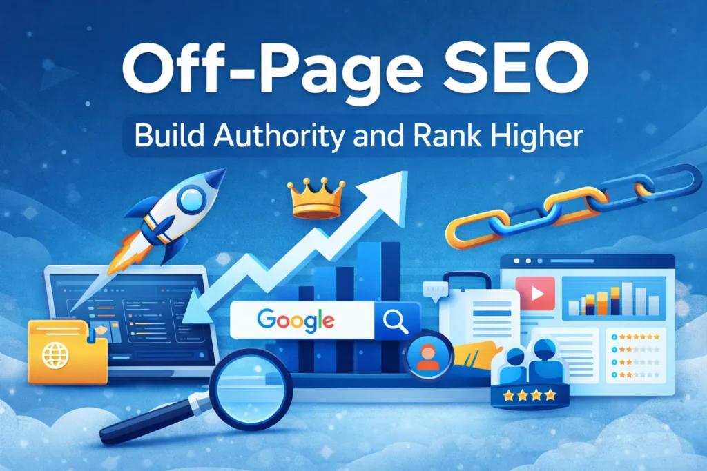 Illustration showing core Off-Page SEO strategies such as backlinks, content marketing, social media, and local SEO to improve website authority and search rankings.