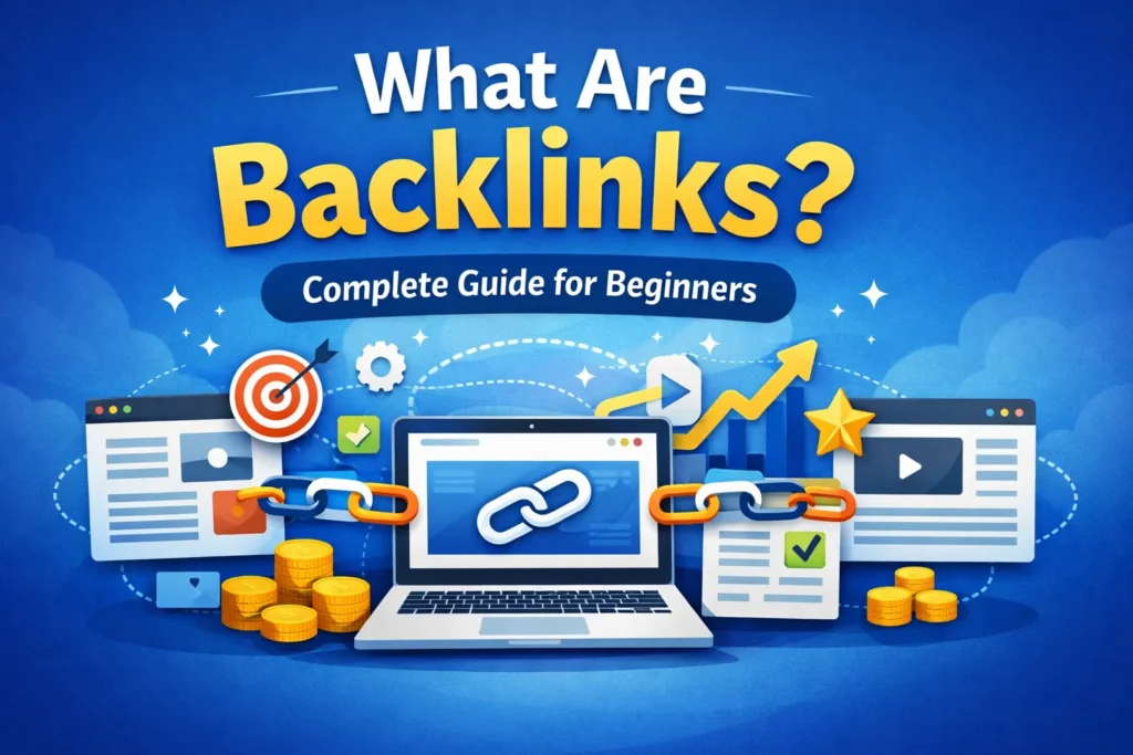 Illustration showing website links, chain icons, and SEO elements representing backlinks and link building strategy for higher Google rankings.