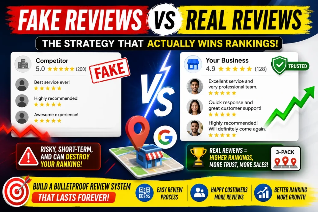 Comparison of fake reviews vs real reviews showing impact on Google Maps ranking and business growth