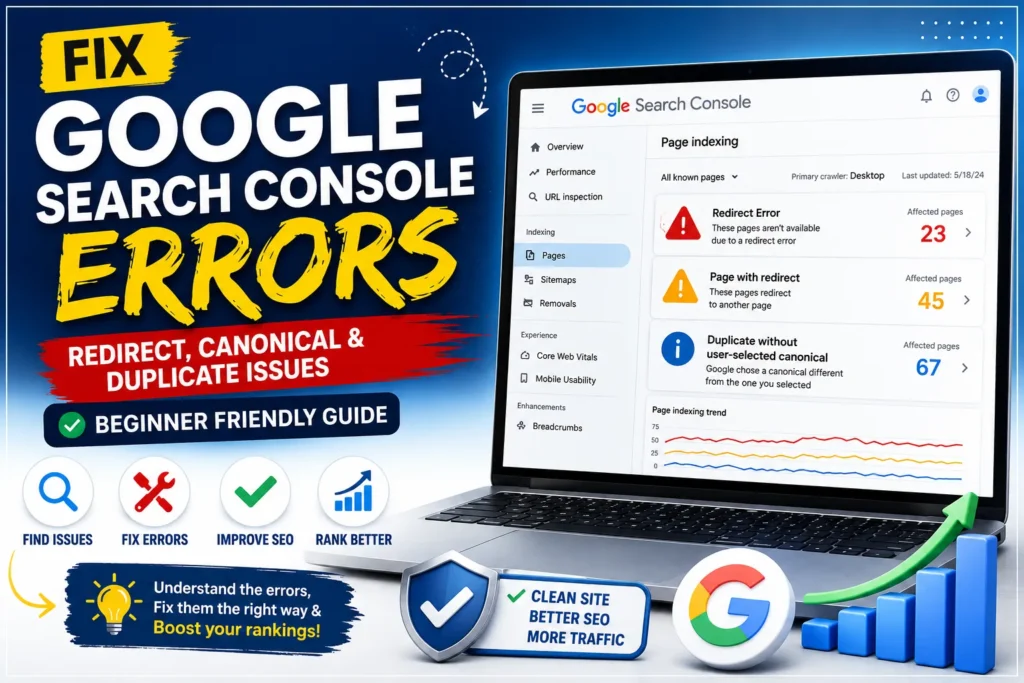 Google Search Console errors showing redirect error, duplicate without canonical, and page with redirect explained for beginners.