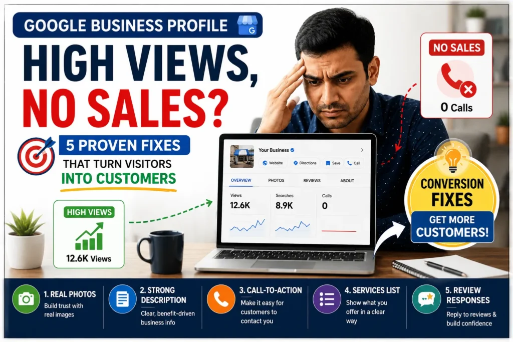 Google Business Profile showing high views but no calls with frustrated business owner looking at low conversions