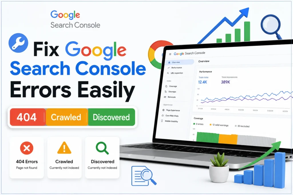 Fix Google Search Console errors including 404, crawled, and discovered issues with SEO dashboard illustration