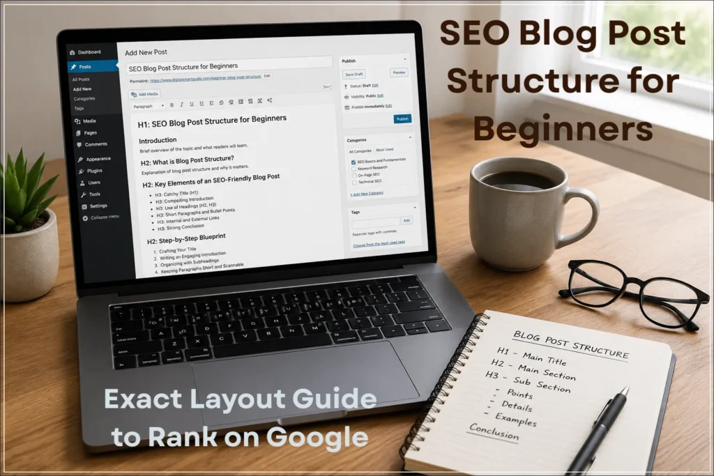 Clean workspace showing a laptop with SEO blog post structure, headings H1 H2 H3, notebook and coffee on a wooden desk