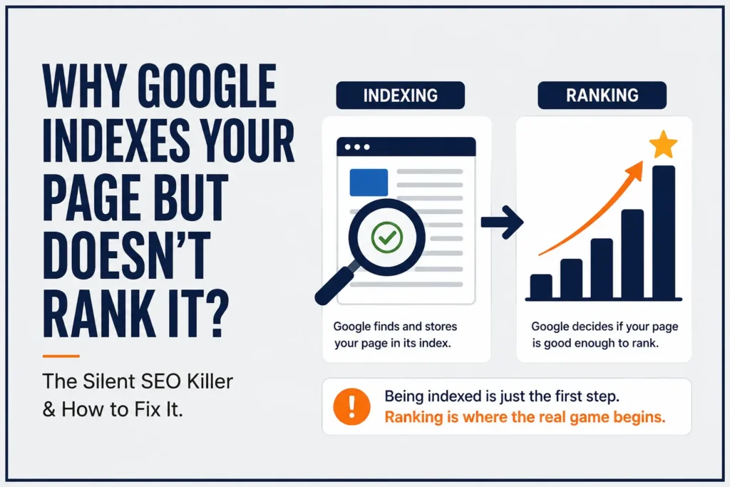 Infographic explaining why Google indexes a page but does not rank it, showing indexing and ranking stages with visual comparison