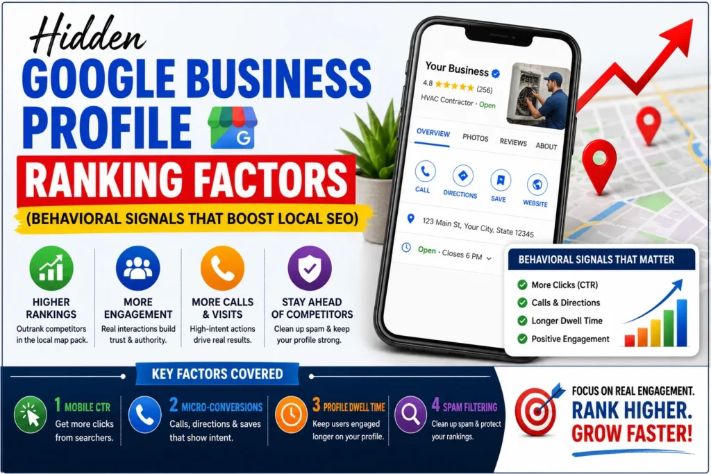 Infographic showing Google Business Profile ranking factors including behavioral signals like mobile CTR, calls, directions, dwell time, and engagement to improve local SEO rankings