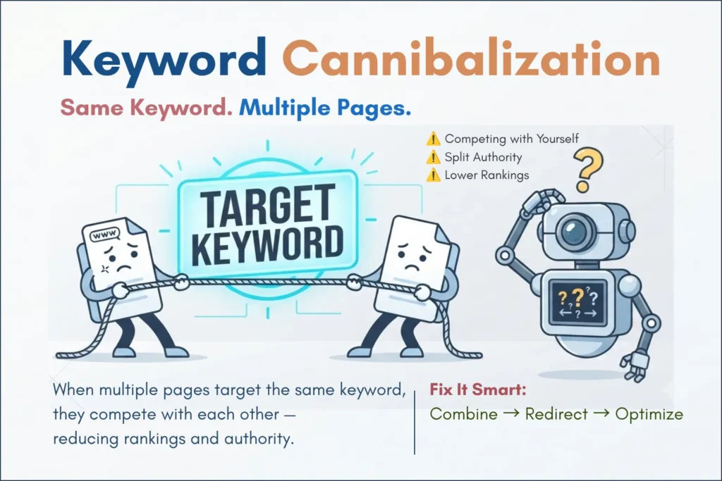 Keyword cannibalization example showing multiple pages competing for the same keyword and lowering SEO rankings