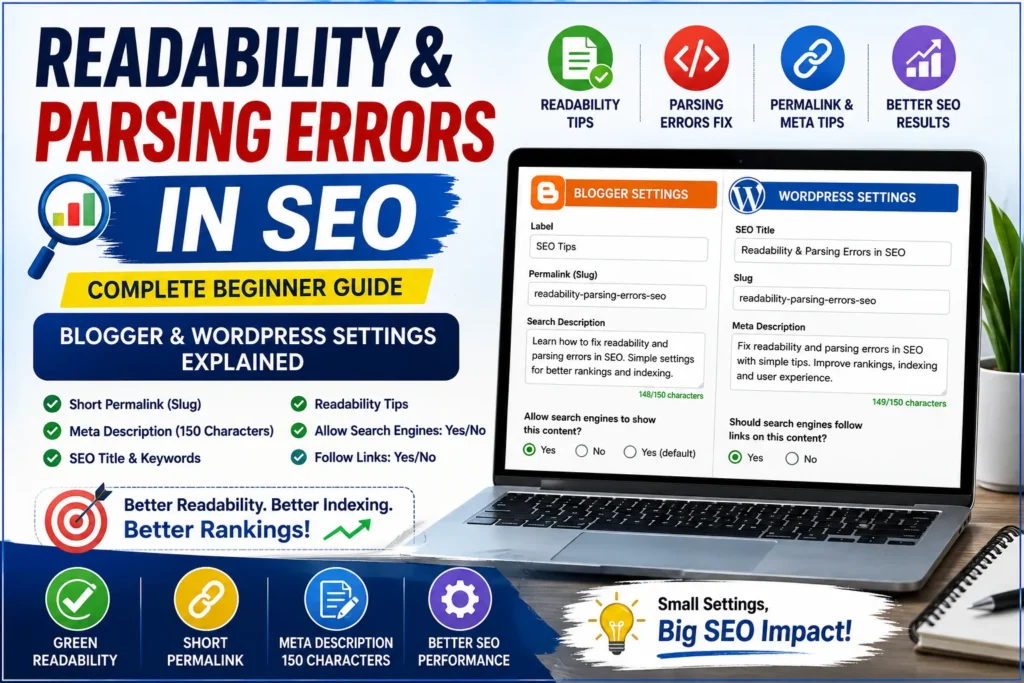 Infographic showing readability and parsing errors in SEO with Blogger and WordPress settings, including meta description, short permalink, and indexing options for beginners