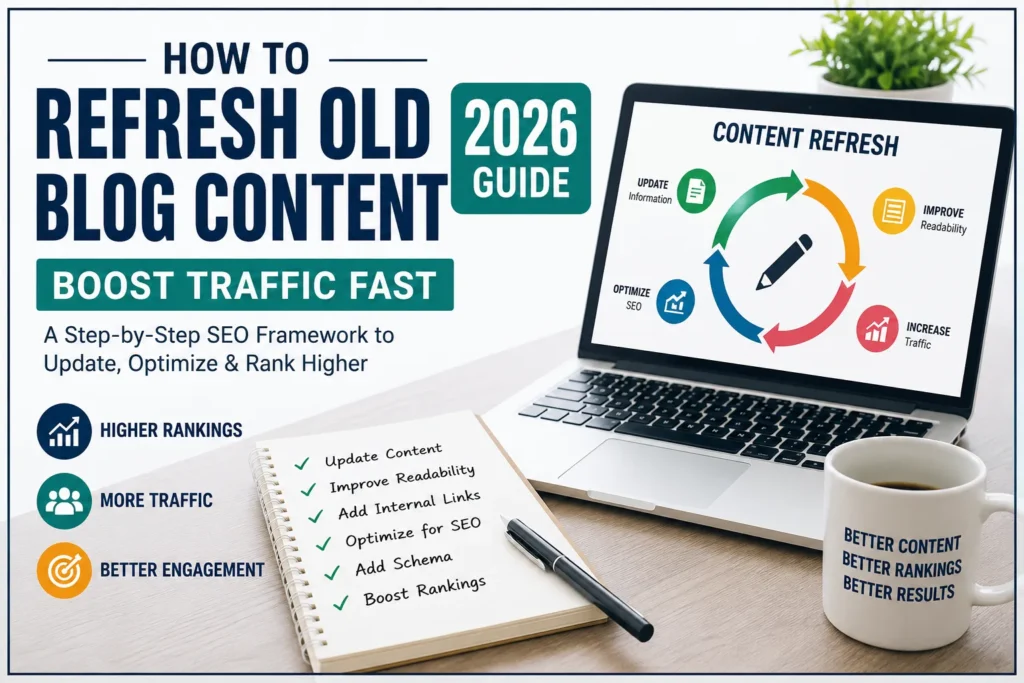 Laptop showing blog content optimization checklist with rising traffic graph and icons for update, optimize, and rank higher in a 2026 SEO content refresh guide