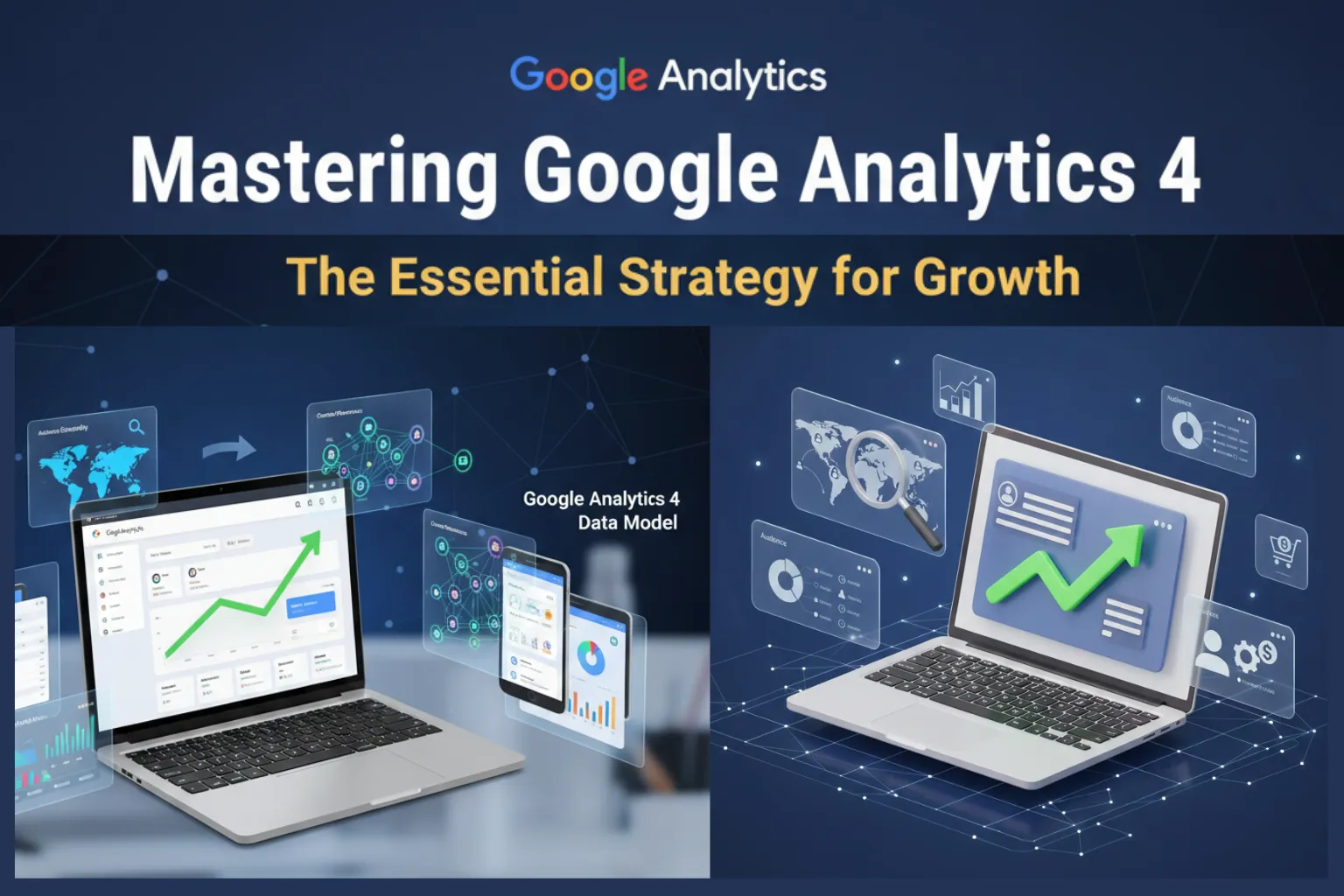 A 3D professional infographic showcasing the Google Analytics 4 data model on a laptop and mobile screen, illustrating a strategy for website growth.